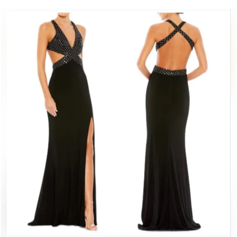 NEW Mac Duggal 68166 Black Floral Sequin Cutout Criss Cross Back Dress Gown 12